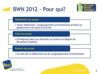 BWN 2012 - Pour qui?
Dépositaire du projet

• Toute fédération, (re)groupement d’entreprises privées ou
  gestionnaire de zone d’activité

Cible du projet

• Entreprises dont les activités se situent en Région de
  Bruxelles-Capitale

Porteur du projet

• Au sein de la fédération ou du (re)groupement d’entreprises




                                                      22 juin 2012   8
 