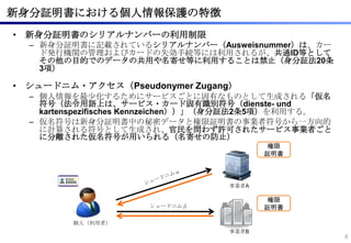 新身分証明書における個人情報保護の特徴
• 新身分証明書のシリアルナンバーの利用制限
  – 新身分証明書に記載されているシリアルナンバー（Ausweisnummer）は、カー
    ド発行機関の管理およびカードの失効手続等には利用されるが、共通ID等として
    その他の目的でのデータの共用や名寄せ等に利用することは禁止（身分証法20条
    3項）

• シュードニム・アクセス（Pseudonymer Zugang）
  – 個人情報を最尐化するためにサービスごとに固有なものとして生成される「仮名
    符号（法令用語上は、サービス・カード固有識別符号（dienste- und
    kartenspezifisches Kennzeichen））」（身分証法2条5項）を利用する。
  – 仮名符号は新身分証明書中の秘密データと権限証明書の事業者符号から一方向的
    に計算される符号として生成され、官民を問わず許可されたサービス事業者ごと
    に分離された仮名符号が用いられる（名寄せの防止）
                                           権限
                                          証明書




                                   事業者A

                                           権限
                      シュードニムβ             証明書

         個人（利用者）
                                   事業者B
                                                        8
 