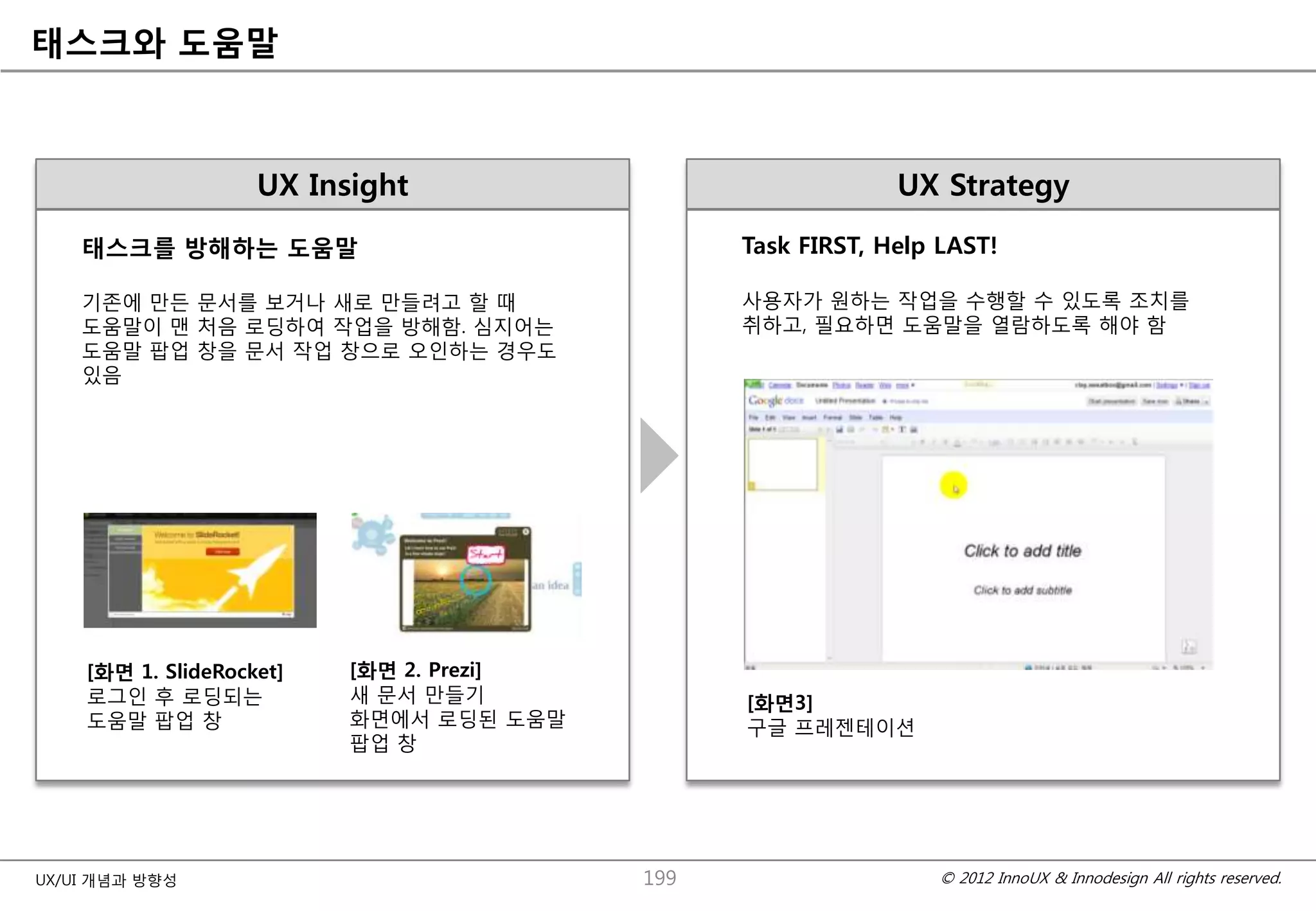 태스크와 도움말



                    UX Insight                               UX Strategy
    태스크를 방해하는 도움말                               Task FIRST, Help LAST!

    기졲에 맊듞 문서를 보거나 새로 맊들려고 핛 때                  사용자가 원하는 작업을 수행핛 수 있도록 조치를
    도움말이 맨 처음 로딩하여 작업을 방해함. 심지어는                취하고, 필요하면 도움말을 열람하도록 해야 함
    도움말 팝업 창을 문서 작업 창으로 오인하는 경우도
    있음




    [화면 1. SlideRocket]   [화면 2. Prezi]
    로그인 후 로딩되는            새 문서 맊들기              [화면3]
    도움말 팝업 창              화면에서 로딩된 도움말          구글 프레젠테이션
                          팝업 창




UX/UI 개념과 방향성                             199                    © 2012 InnoUX & Innodesign All rights reserved.
 