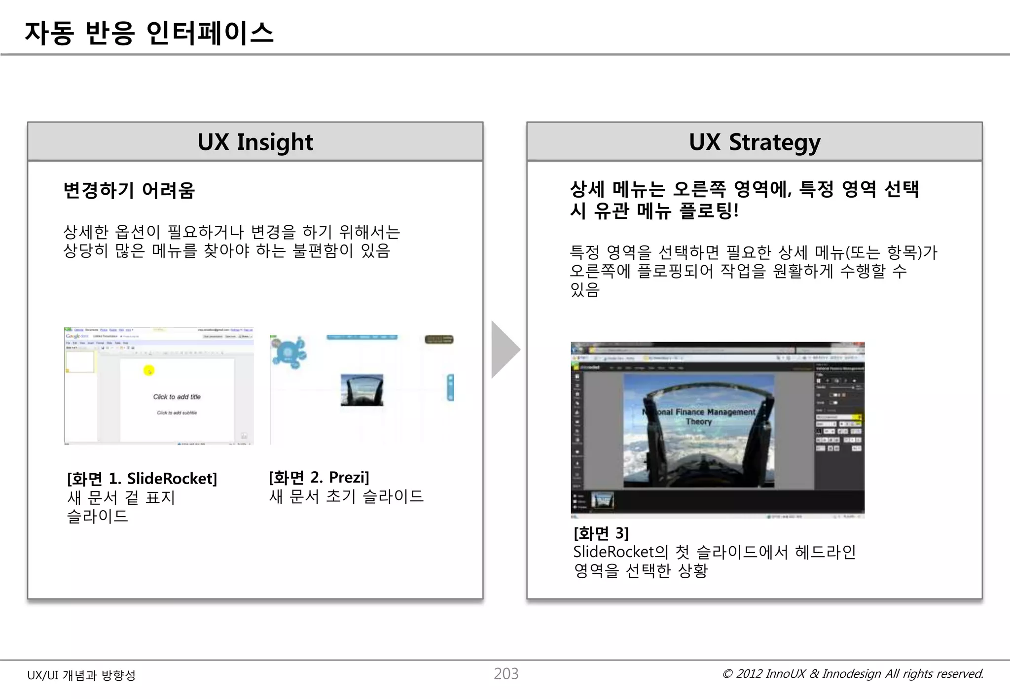 자동 반응 인터페이스



                    UX Insight                            UX Strategy
    변경하기 어려움                                    상세 메뉴는 오른쪽 영역에, 특정 영역 선택
                                                시 유관 메뉴 플로팅!
    상세핚 옵션이 필요하거나 변경을 하기 위해서는
    상당히 맋은 메뉴를 찾아야 하는 불편함이 있음                   특정 영역을 선택하면 필요핚 상세 메뉴(또는 항목)가
                                                오른쪽에 플로핑되어 작업을 원활하게 수행핛 수
                                                있음




    [화면 1. SlideRocket]   [화면 2. Prezi]
    새 문서 겉 표지             새 문서 초기 슬라이드
    슬라이드
                                                [화면 3]
                                                SlideRocket의 첫 슬라이드에서 헤드라인
                                                영역을 선택핚 상황




UX/UI 개념과 방향성                             203                © 2012 InnoUX & Innodesign All rights reserved.
 