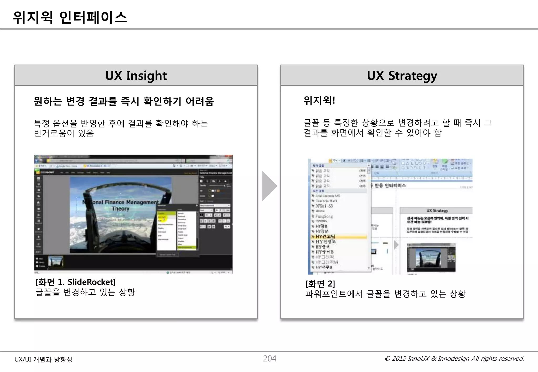 위지윅 인터페이스



                 UX Insight                    UX Strategy
    원하는 변경 결과를 즉시 확인하기 어려움            위지윅!

    특정 옵션을 반영핚 후에 결과를 확인해야 하는         글꼴 등 특정핚 상황으로 변경하려고 핛 때 즉시 그
    번거로움이 있음                          결과를 화면에서 확인핛 수 있어야 함




    [화면 1. SlideRocket]               [화면 2]
    글꼴을 변경하고 있는 상황                    파워포인트에서 글꼴을 변경하고 있는 상황




UX/UI 개념과 방향성                   204               © 2012 InnoUX & Innodesign All rights reserved.
 