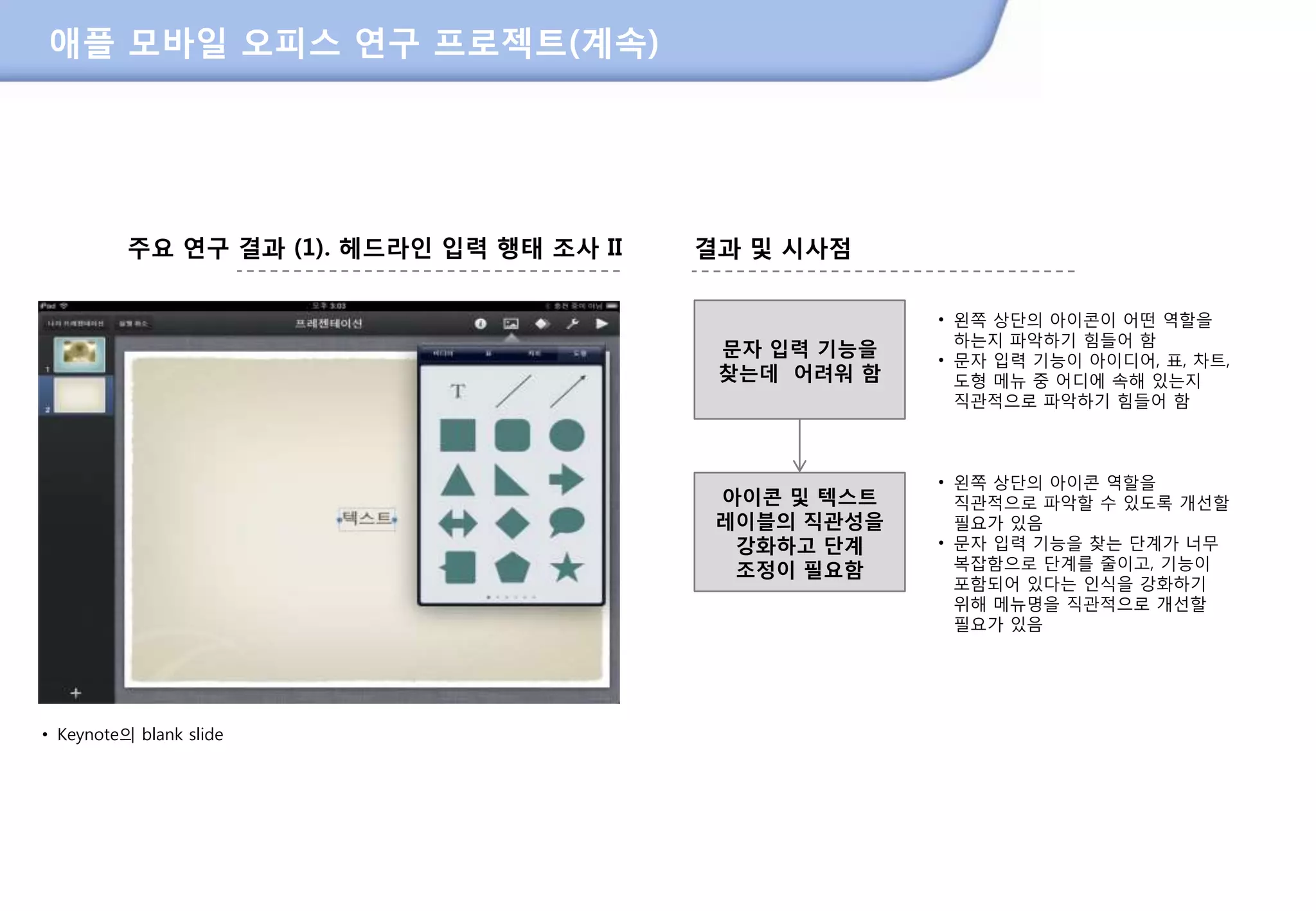 애플 모바일 오피스 연구 프로젝트(계속)




          주요 연구 결과 (1). 헤드라인 입력 행태 조사 II         결과 및 시사점

                                                              • 왼쪽 상단의 아이콘이 어떤 역핛을
                                                                하는지 파악하기 힘들어 함
                                                  문자 입력 기능을
                                                              • 문자 입력 기능이 아이디어, 표, 차트,
                                                  찾는데 어려워 함     도형 메뉴 중 어디에 속해 있는지
                                                                직관적으로 파악하기 힘들어 함



                                                              • 왼쪽 상단의 아이콘 역핛을
                                                  아이콘 및 텍스트     직관적으로 파악핛 수 있도록 개선핛
                                                  레이블의 직관성을     필요가 있음
                                                   강화하고 단계    • 문자 입력 기능을 찾는 단계가 너무
                                                   조정이 필요함      복잡함으로 단계를 줄이고, 기능이
                                                                포함되어 있다는 인식을 강화하기
                                                                위해 메뉴명을 직관적으로 개선핛
                                                                필요가 있음




• Keynote의 blank slide




                                           206
 