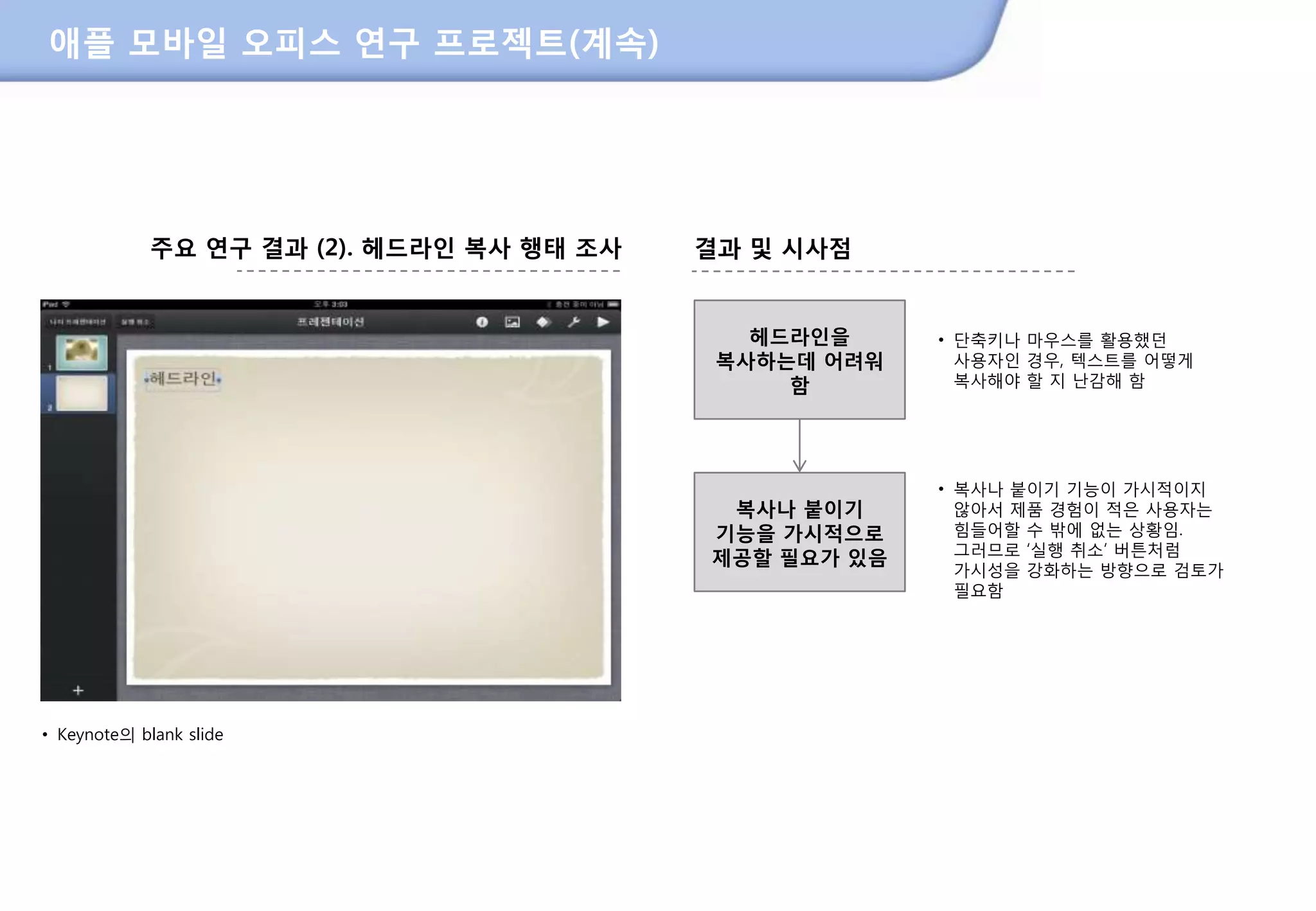 애플 모바일 오피스 연구 프로젝트(계속)




             주요 연구 결과 (2). 헤드라인 복사 행태 조사         결과 및 시사점


                                                    헤드라인을     • 단축키나 마우스를 활용했던
                                                  복사하는데 어려워     사용자인 경우, 텍스트를 어떻게
                                                      함         복사해야 핛 지 난감해 함




                                                              • 복사나 붙이기 기능이 가시적이지
                                                  복사나 붙이기       않아서 제품 경험이 적은 사용자는
                                                 기능을 가시적으로      힘들어핛 수 밖에 없는 상황임.
                                                                그러므로 „실행 취소‟ 버튺처럼
                                                 제공할 필요가 있음
                                                                가시성을 강화하는 방향으로 검토가
                                                                필요함




• Keynote의 blank slide




                                           207
 