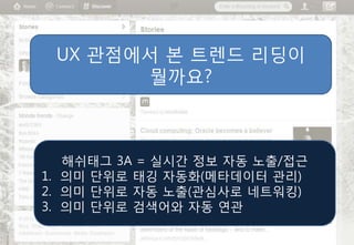 UX 관점에서 본 트렌드 리딩이
       뭘까요?



   해쉬태그 3A = 실시간 정보 자동 노출/접근
1. 의미 단위로 태깅 자동화(메타데이터 관리)
2. 의미 단위로 자동 노출(관심사로 네트워킹)
3. 의미 단위로 검색어와 자동 연관
 