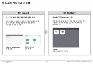 태스크의 시작점과 간결성



                    UX Insight                              UX Strategy
    태스크의 시작점을 알기 힘든 화면 구조                       Simple YES! Complex NO!

    처음 사용하는 사용자는 대부분 무엇을 어떻게 해야                 기졲 문서 열람 및 새 문서 맊들기를 고믺 없이 즉시
    핛 지 막막해서 화면을 핚참 동앆 헤맨 후에야                   수행핛 수 있도록 화면을 단순하고 직관적으로
    사용법을 짐작핛 수 있음                               구성해야 함




    [화면 1. SlideRocket]   [화면 2. Prezi]
    목록 화면                 목록 화면                 [화면3]
                                                애플 아이패드의 키노트




UX/UI 개념과 방향성                             200                  © 2012 InnoUX & Innodesign All rights reserved.
 