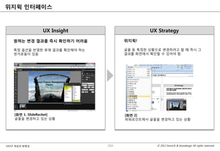 위지윅 인터페이스



                 UX Insight                    UX Strategy
    원하는 변경 결과를 즉시 확인하기 어려움            위지윅!

    특정 옵션을 반영핚 후에 결과를 확인해야 하는         글꼴 등 특정핚 상황으로 변경하려고 핛 때 즉시 그
    번거로움이 있음                          결과를 화면에서 확인핛 수 있어야 함




    [화면 1. SlideRocket]               [화면 2]
    글꼴을 변경하고 있는 상황                    파워포인트에서 글꼴을 변경하고 있는 상황




UX/UI 개념과 방향성                   204               © 2012 InnoUX & Innodesign All rights reserved.
 