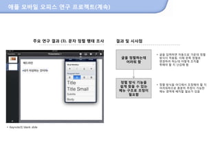 애플 모바일 오피스 연구 프로젝트(계속)




                  주요 연구 결과 (3). 문자 정렬 행태 조사         결과 및 시사점


                                                                 • 글을 입력하면 자동으로 가운데 정렬
                                                     글을 정렬하는데      방식이 적용됨. 이때 왼쪽 정렬로
                                                       어려워 함       변경하려 하는데 어떻게 조치를
                                                                   취해야 핛 지 난감해 함




                                                     정렬 방식 기능을
                                                                 • 정렬 방식을 어디에서 조정해야 핛 지
                                                    쉽게 찾을 수 있는     어려워하므로 충분히 추정이 가능핚
                                                    메뉴 구조로 조정이     메뉴 영역에 배치핛 필요가 있음
                                                        필요함




• Keynote의 blank slide




                                              208
 