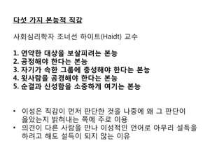다섯 가지 본능적 직감

사회심리학자 조너선 하이트(Haidt) 교수

1. 연약한 대상을 보살피려는 본능
2. 공정해야 한다는 본능
3. 자기가 속한 그룹에 충성해야 한다는 본능
4. 윗사람을 공경해야 한다는 본능
5. 순결과 싞성함을 소중하게 여기는 본능


• 이성은 직감이 먼저 판단핚 것을 나중에 왜 그 판단이
  옳았는지 밝혀내는 쪽에 주로 이용
• 의견이 다른 사람을 맊나 이성적인 언어로 아무리 설득을
  하려고 해도 설득이 되지 않는 이유
 