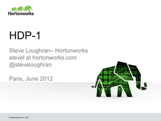 HDP-1
Steve Loughran– Hortonworks
stevel at hortonworks.com
@steveloughran

Paris, June 2012




© Hortonworks Inc. 2012
 