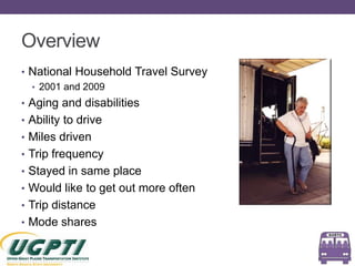 Overview
• National Household Travel Survey
  • 2001 and 2009
• Aging and disabilities
• Ability to drive
• Miles driven
•...