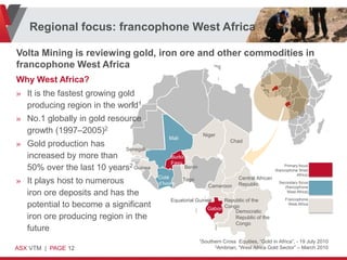 Regional focus: francophone West Africa

Volta Mining is reviewing gold, iron ore and other commodities in
francophone West Africa
Why West Africa?
» It is the fastest growing gold
  producing region in the world1
» No.1 globally in gold resource
  growth (1997–2005)2                                       Niger
                                            Mali
                                                                          Chad
» Gold production has
                           Senegal
  increased by more than                     Burkina
                                             Faso
  50% over the last 10 years2 Guinea               Benin                                              Primary focus
                                                                                                (francophone West
                                                                                                            Africa)
                                       Coté                                   Central African
» It plays host to numerous            d’Ivoire
                                                   Togo
                                                              Cameroon        Republic            Secondary focus
                                                                                                     (francophone
  iron ore deposits and has the                                                                       West Africa)

                                             Equatorial Guinea      Republic of the                  Francophone
  potential to become a significant                           Gabon Congo
                                                                                                      West Africa
                                                                        Democratic
  iron ore producing region in the                                      Republic of the
                                                                        Congo
  future
                                                           1Southern   Cross Equities, “Gold in Africa”, - 19 July 2010
                                                                 2Ambrian,   “West Africa Gold Sector” – March 2010
ASX VTM | PAGE 12
 