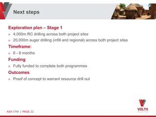 Next steps

Exploration plan – Stage 1
» 4,000m RC drilling across both project sites
» 20,000m auger drilling (infill and regional) across both project sites
Timeframe:
» 6 - 8 months
Funding
» Fully funded to complete both programmes
Outcomes
» Proof of concept to warrant resource drill out




ASX VTM | PAGE 22
 