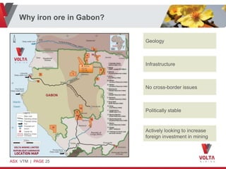 Why iron ore in Gabon?


                                  Geology



                    2   Belinga
                                  Infrastructure
                    iron ore
                    (4BT @
                    +60% Fe)




                                  No cross-border issues



                                  Politically stable



                                  Actively looking to increase
                                  foreign investment in mining



ASX VTM | PAGE 25
 