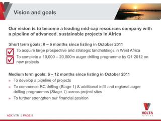 Vision and goals

 Our vision is to become a leading mid-cap resources company with
 a pipeline of advanced, sustainable projects in Africa

 Short term goals: 0 – 6 months since listing in October 2011

 To complete a 10,000 – 20,000m auger drilling programme by Q1 2012 on
    To acquire large prospective and strategic landholdings in West Africa

 new projects
 Medium term goals: 6 – 12 months since listing in October 2011
 » To develop a pipeline of projects
 » To commence RC drilling (Stage 1) & additional infill and regional auger
   drilling programmes (Stage 1) across project sites
 » To further strengthen our financial position



ASX VTM | PAGE 8
 