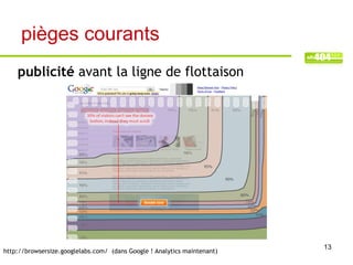 pièges courants
    publicité avant la ligne de flottaison




                                                                          13
http://browsersize.googlelabs.com/ (dans Google ! Analytics maintenant)
 