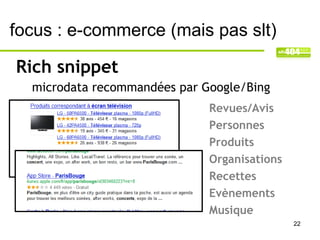 focus : e-commerce (mais pas slt)

Rich snippet
  microdata recommandées par Google/Bing
                              Revues/Avis
                              Personnes
                              Produits
                              Organisations
                              Recettes
                              Evènements
                              Musique
                                              22
 