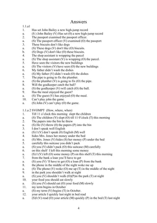 Answers
1.1.a1
1.       Has set John Bailey a new high-jump record
a.       (S ) John Bailey (V) Has set (0) a new high-jump record
2.       The passport examined the passport officer.
a.       (S) The passport officer (V) examined (O) the passport
3.       These biscuits don’t like dogs
a.       (S) These dogs (V) don't like (O) biscuits.
b.       (S) Dogs (V) don't like (O) these biscuits.
4.       The shop assistant is wrapping the parcel
a.       (S) The shop assistant (V) is wrapping (O) the parcel.
5.       Have seen the visitors the new buildings
a.       (S) The visitors (V) have seen (O) the new buildings
6.       My father didn’t wash the dishes
a.       (S) My father (V) didn´t wash (O) the dishes
7.       The pipe is going to fix the plumber.
a.       (S) the plumber (V) is going to fix (O) the pipe.
8.       Will the goalkeeper catch the ball?
a.       (S) the goalkeeper (V) will catch (O) the ball.
9.       Has the meal enjoyed the guest?
a.       (S) The guest (V) has enjoyed (O) the meal.
10.      Can’t play john the game.
a.       (S) John (V) can’t play (O) the game.

1.1.a 2 SVOMPT (How, where, when)
1.      Till 11 o’clock this morning slept the children
a.      (S) The children (V) slept (O) till 11 0’clock (T) this morning
2.      The papers into the bin he threw
a.      (S) He (V) threw (0) the papers (P) into the bin
3.      I don’t speak well English
a.      (S) I (V) don’t speak (0) English (M) well
4.      hides Mrs. Jones her money under the bed
a.      (S) Mrs. Jones (V) hides (S) her money (P) under the bed
5.      carefully this suitcase you didn’t pack
a.      (S) you (V) didn’t pack (O) this suitcase (M) carefully
6.      on this shelf I left this morning some money
a.      (S) I (V) left (O) some money (P) on this shelf (T) this morning
7.      from the bank a loan you’ll have to get
a.      (S) you (V) ‘ll have to get (O) a loan (P) from the bank
8.      the phone in the middle of the night woke me up
a.      (S) The phone (V) woke (O) me up (T) in the middle of the night
9.      in the park you shouldn’t walk at night
a.      (S) you (V) shouldn’t walk (O)(P)in the park (T) at night
10.     your food you should eat slowly
a.      (S) you (V) should eat (O) your food (M) slowly
11.     my term begins in October
a.      (S) my term (V) begins (T) in October.
12.     your article I quickly last night in bed read
a.      (S)I (V) read (O) your article (M) quickly (P) in the bed (T) last night


                                             4
 