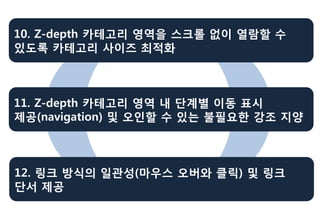 10. Z-depth 카테고리 영역을 스크롤 없이 열람할 수
있도록 카테고리 사이즈 최적화



11. Z-depth 카테고리 영역 내 단계별 이동 표시
제공(navigation) 및 오인할 수 있는 불필요한 강조 지양



12. 링크 방식의 일관성(마우스 오버와 클릭) 및 링크
단서 제공
 