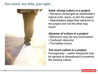 Too much, too little, just right…
                             Solid, strong culture in a project
                             • Remains unchanged as stakeholders
                             reduce work, leave, or join the project
                             • Stakeholders adapt their behavior to
                             the project and not the other way
                             round

                             Absence of culture in a project
                             • Behaviors may be very inconsistent
                             • Confusion abounds
                             • Turf battles ensue

                             Too much culture in a project
                             Homogeneity – useful viewpoints may
                             be ignored or downplayed to preserve
                             the existing culture.


11
 