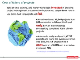 Cost of failure of projects
     Tons of time, training, and money have been invested in ensuring
     project management processes are in place and people know how to
     use them. And yet projects still fail.

                                    • A study reviewed 10,640 projects from
                                    200 companies in 30 countriesfound
                                    only2.5% of the companies
                                    successfully completed 100% of their
                                    projects.

                                    • A separate study analyzed 1,471 IT
                                    projects and found the average overrun
                                    was 27%, but 1:6 projects had a
                                    costoverrun of 200% and a schedule
                                    overrun of 70%.
                                    Source: http://gmj.gallup.com/content/152429/cost-bad-project-management.aspx




 3
 