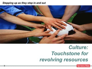 Stepping up as they step in and out




                                          Culture:
                                   Touchstone for
                              revolving resources
 9
 