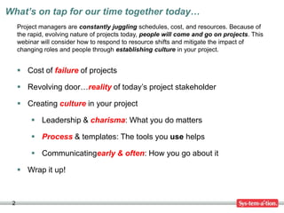 What’s on tap for our time together today…
     Project managers are constantly juggling schedules, cost, and resources. B...