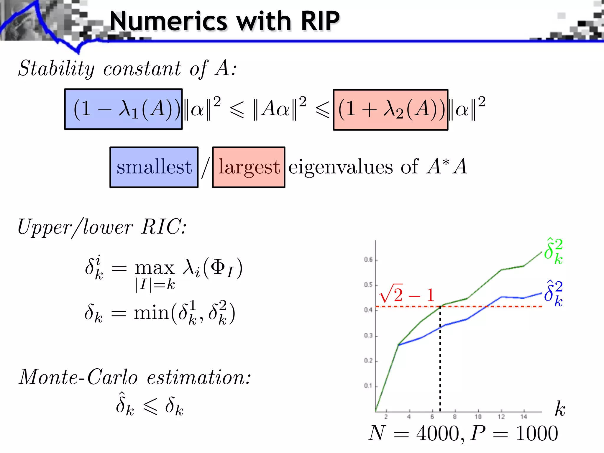 Numerics with RIP
Stability constant of A:
      (1       ⇥1 (A))|| ||2        ||A ||2   (1 + ⇥2 (A))|| ||2

               smallest / largest eigenvalues of A A

Upper/lower RIC:
                                                                   ˆ2
                                                                   k
           i
           k   = max     i(    I)
                 |I|=k
                                                    2   1          ˆ2
                                                                   k
           k   = min(    k, k)
                         1 2



Monte-Carlo estimation:
         ˆk    k                                                   k
                                                 N = 4000, P = 1000
 