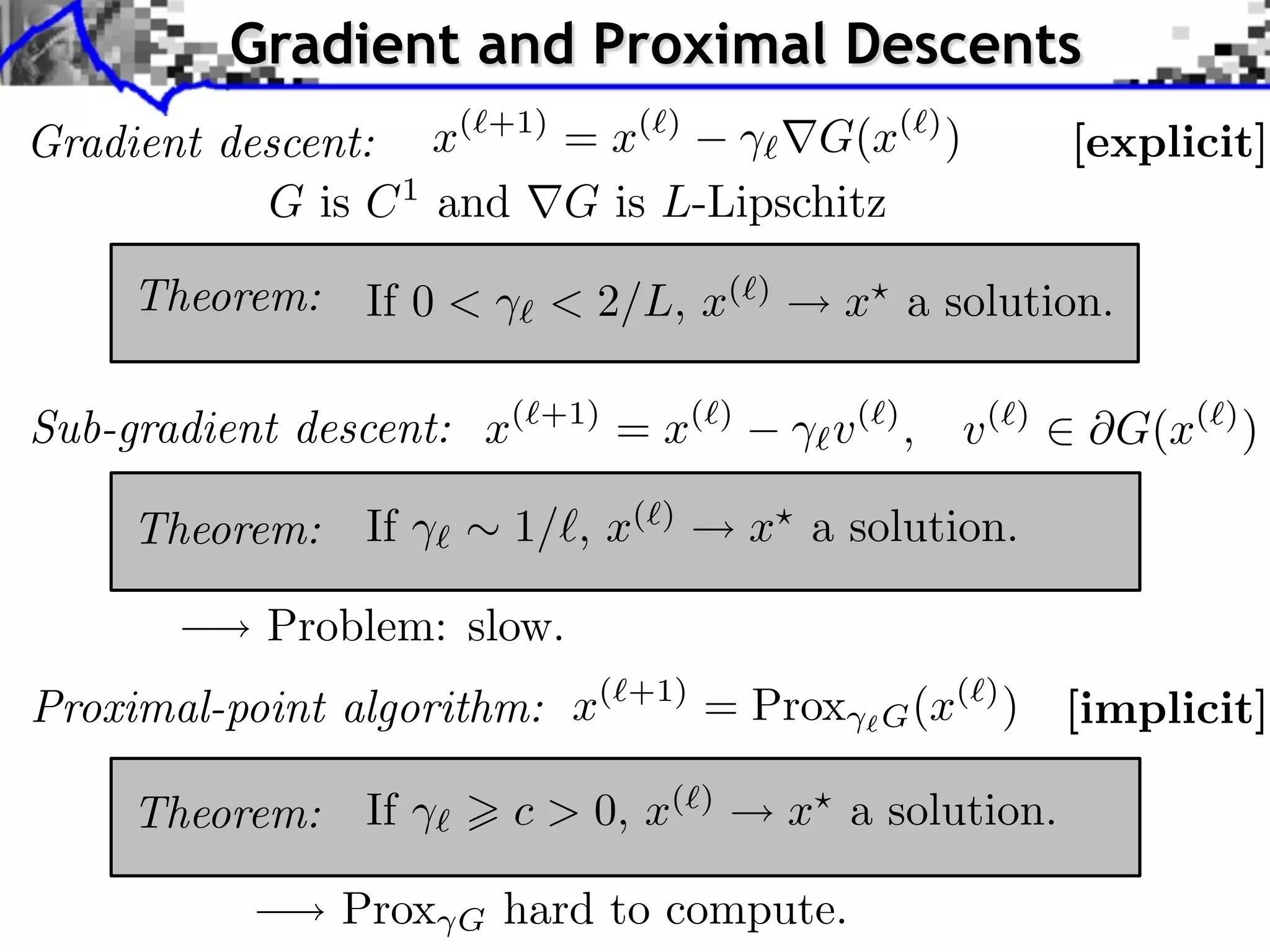 Gradient and Proximal Descents
Gradient descent:   x( +1) = x( )   G(x( ) )                             [explicit]
           G is C 1 and G is L-Lipschitz

     Theorem:    If 0 <      < 2/L, x(           )
                                                       x a solution.

Sub-gradient descent: x(    +1)
                                  = x(       )
                                                       v( ) ,   v(   )
                                                                           G(x( ) )

     Theorem:    If        1/⇥, x(   )
                                                 x a solution.

           Problem: slow.
Proximal-point algorithm: x(⇥+1) = Prox                   G (x(⇥) ) [implicit]

     Theorem:    If        c > 0, x(     )
                                                     x a solution.

                Prox   G   hard to compute.
 