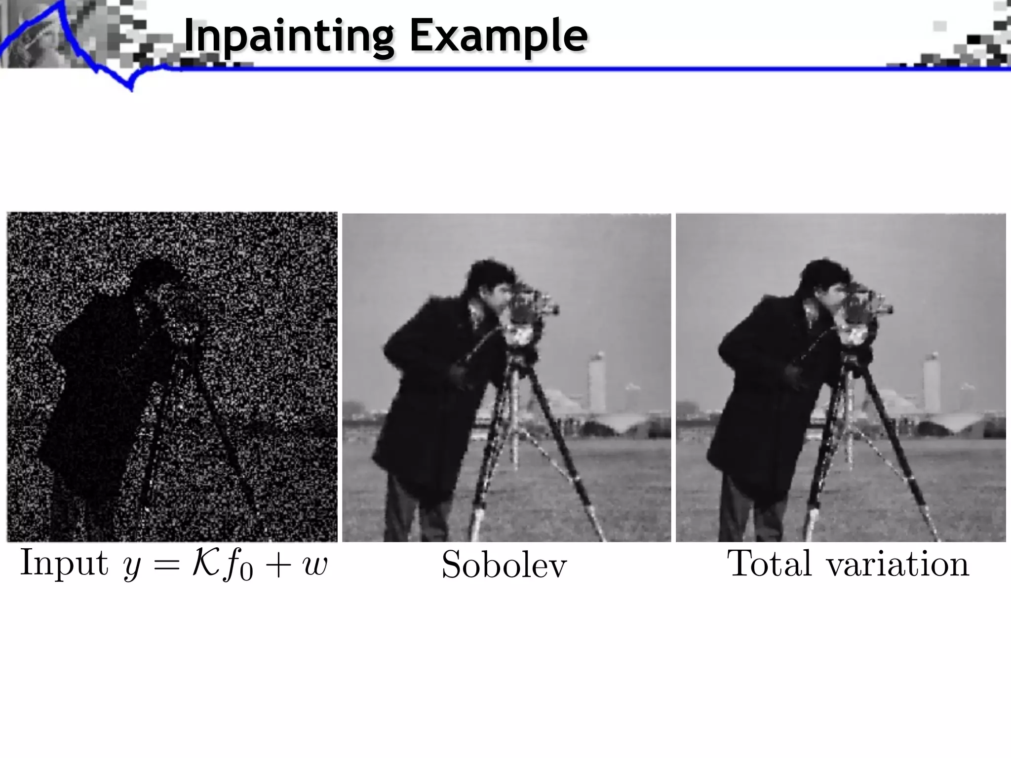 Inpainting Example




Input y = Kf0 + w   Sobolev   Total variation
 