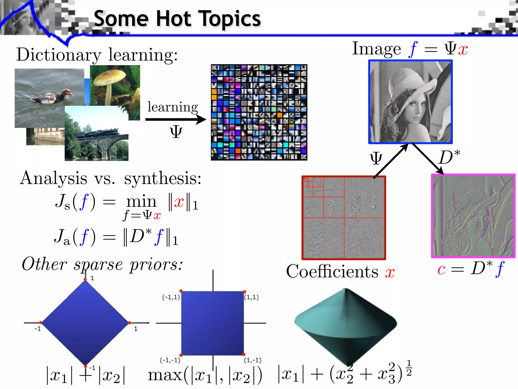 RAINED DICTIONARY. THE BOTTOM-RIGHT ARE THE IMPROVEMENTS OBTAINED WITH THE ADAPTIVE APPROACH WITH 20 IT
    CALE K-SVD ALGORITHM [2] ON EACH CHANNEL SEPARATELY WITH 8




                                                                                                                                                                                                  EPRESENTATION FOR COLOR IMAGE RESTORATION
     DENOISING ALGORITHM WITH 256 ATOMS OF SIZE 7 7 3 FOR
     ESULTS ARE THOSE GIVEN BY MCAULEY AND AL [28] WITH THEIR “3                                                                                                                         Some Hot Topics
color artifacts while reconstructing a damaged version of the image (a) without the improvement here proposed (             in the new metric).
uced with our proposed technique (              in our proposed new metric). Both images have been denoised with the same global dictionary.
 bias effect in the color from the castle and in some part of the water. What is more, the color of the sky is piecewise constant when


                                                                                                                                                                                                                                                                                                                                                          Image f =
h is another artifact our approach corrected. (a) Original. (b) Original algorithm,                                dB. (c) Proposed algorithm,
         dB.


                                  Dictionary learning:
with 256 atoms learned on a generic database of natural images, with two different sizes ofREPRESENTATION FOR COLOR IMAGE RESTORATION
ave negative values, the vectors are presented scaled and shifted to the [0,255] range per channel: (a) 5
                                                                                                                     MAIRAL et al.: SPARSE patches. Note the large number of color-less
                                                                                                                                                                                                                                                                                            5     3 patches; (b) 8           8
                                                                                                                                                                                                                                                                                                                                      atoms.
                                                                                                                                                                                                                                                                                                                                   3 patches.
                                                                                                                                                                                                                                                                                                                                                                                                                 57
                                                                                                                                                                                                                                                                                                                                                                                                                       x
R IMAGE RESTORATION                                                                                                                                                                                                                                                                                                                                                  61
                                                                                                                           Fig. 7. Data set used for evaluating denoising experiments.




                                                                                                                                                                                             learning


                                                                                                                                                                                                                                                                                                                                                                                                              D
ing Image; (b) resulting dictionary; (b) is the dictionary learned in the image in (a). The dictionary is more colored than the global one.
                                                                                                                 TABLE I




                                            Analysis vs. synthesis:
g. 7. Data set used for evaluating denoising experiments. with 256 atoms learned on a generic database of natural images, with two different sizes of patches. Note the large number of color-less atoms.
                                                  Fig. 2. Dictionaries
                                                                                                                                                                                                                                              Since the atoms can have negative values, the vectors are presented scaled and shifted to the [0,255] range per channel: (a) 5   5   3 patches; (b) 8   8   3 patches.



                                               Js (f ) = min ||x||1
 color artifacts while reconstructing a damaged version of the image (a) without the improvement here proposed (
                                                   TABLE I                                                            in the new metric).
duced with our proposed technique (
a bias effect in the color from the 7
                                              in our proposed new metric). Both images have been denoised with the same global dictionary.
TH 256 ATOMS OF SIZE castle 7 in3 FOR of the water. What is more, the color of the sky is.piecewise CASE IS DIVIDED IN FOUR
                                          and some part            AND 6 6 3 FOR                           EACH constant when
                                                                                                                                                                                           f= x
                                                J (f ) = ||D f ||
ch is another artifact our approach corrected. (a)HEIR “3(b) Original algorithm, HE TOP-RIGHT RESULTS ARE THOSE OBTAINED BY
 Y MCAULEY AND AL [28] WITH T                     Original.      3 MODEL.” T                                 dB. (c) Proposed algorithm,
                                                                 3 MODEL.” THE TOP-RIGHT RESULTS ARE THOSE O




          dB.
                                                                  8 ATOMS. THE BOTTOM-LEFT ARE OUR RESULTS




                a                         1
2] ON EACH CHANNEL SEPARATELY WITH 8 8 ATOMS. THE BOTTOM-LEFT ARE OUR RESULTS OBTAINED
                                                                   AND 6




OTTOM-RIGHT ARE THE IMPROVEMENTS OBTAINED WITH THE ADAPTIVE APPROACH WITH 20 ITERATIONS.

                                             Other sparse priors:
H GROUP. AS CAN BE SEEN, OUR PROPOSED TECHNIQUE CONSISTENTLY PRODUCES THE BEST RESULTS

                                                                                                                                                                                                                                                                                                                 Coe cients x                                                                                 c=D f
                                                                          6 3 FOR




                                                                                                                                                                                                                                              Fig. 3. Examples of color artifacts while reconstructing a damaged version of the image (a) without the improvement here proposed (               in the new metric).
                                                                                                                                                                                                                                              Color artifacts are reduced with our proposed technique (             in our proposed new metric). Both images have been denoised with the same global dictionary.
                                                                                                                                                                                                                                              In (b), one observes a bias effect in the color from the castle and in some part of the water. What is more, the color of the sky is piecewise constant when
                                                                                                                                                                                                                                              (false contours), which is another artifact our approach corrected. (a) Original. (b) Original algorithm,                                dB. (c) Proposed algorithm,
                                                                                                                                                                                                                                                                             dB.
                                                                                          . EACH CASE IS DIVID




                                                                                                                                                                                                                                                                                                                                                                           2 1
                                                                                                                   |x1 | + |x2 |                                                             max(|x1 |, |x2 |) |x1 | +                                                                                                                      (x2
                                                                                                                                                                                                                                                                                                                                              2               +           x3 ) 2
 