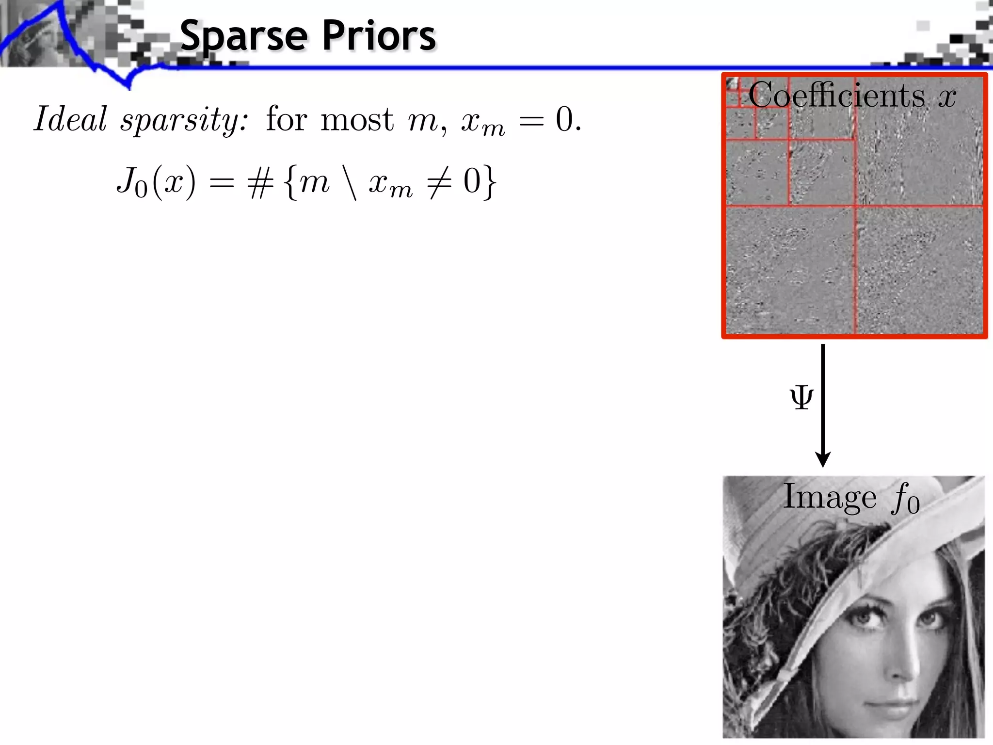 Sparse Priors
                                      Coe cients x
Ideal sparsity: for most m, xm = 0.
     J0 (x) = # {m  xm = 0}




                                        Image f0
 