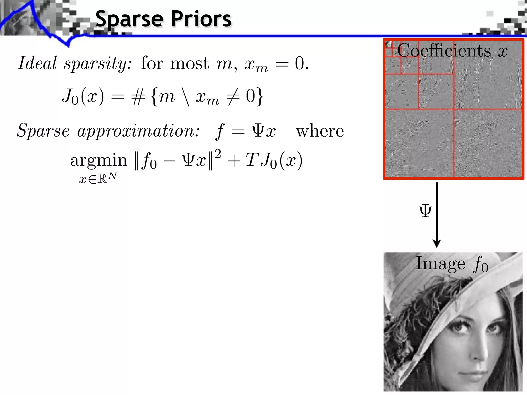 Sparse Priors
                                         Coe cients x
Ideal sparsity: for most m, xm = 0.
     J0 (x) = # {m  xm = 0}
Sparse approximation: f =      x where
      argmin ||f0    x||2 + T J0 (x)
       x RN




                                           Image f0
 