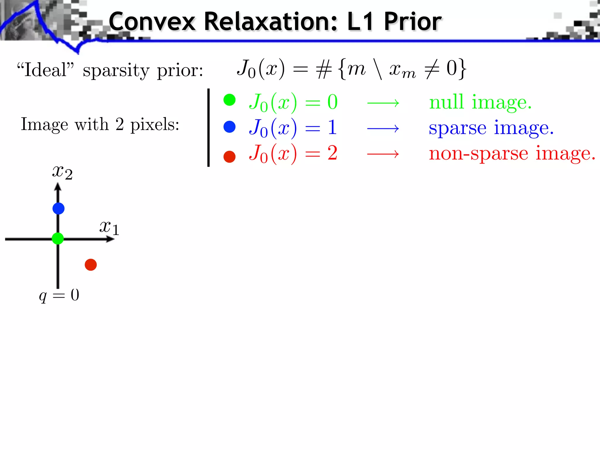 Convex Relaxation: L1 Prior
                       J0 (x) = # {m  xm = 0}
                        J0 (x) = 0        null image.
Image with 2 pixels:    J0 (x) = 1        sparse image.
                        J0 (x) = 2        non-sparse image.
   x2

         x1


  q=0
 