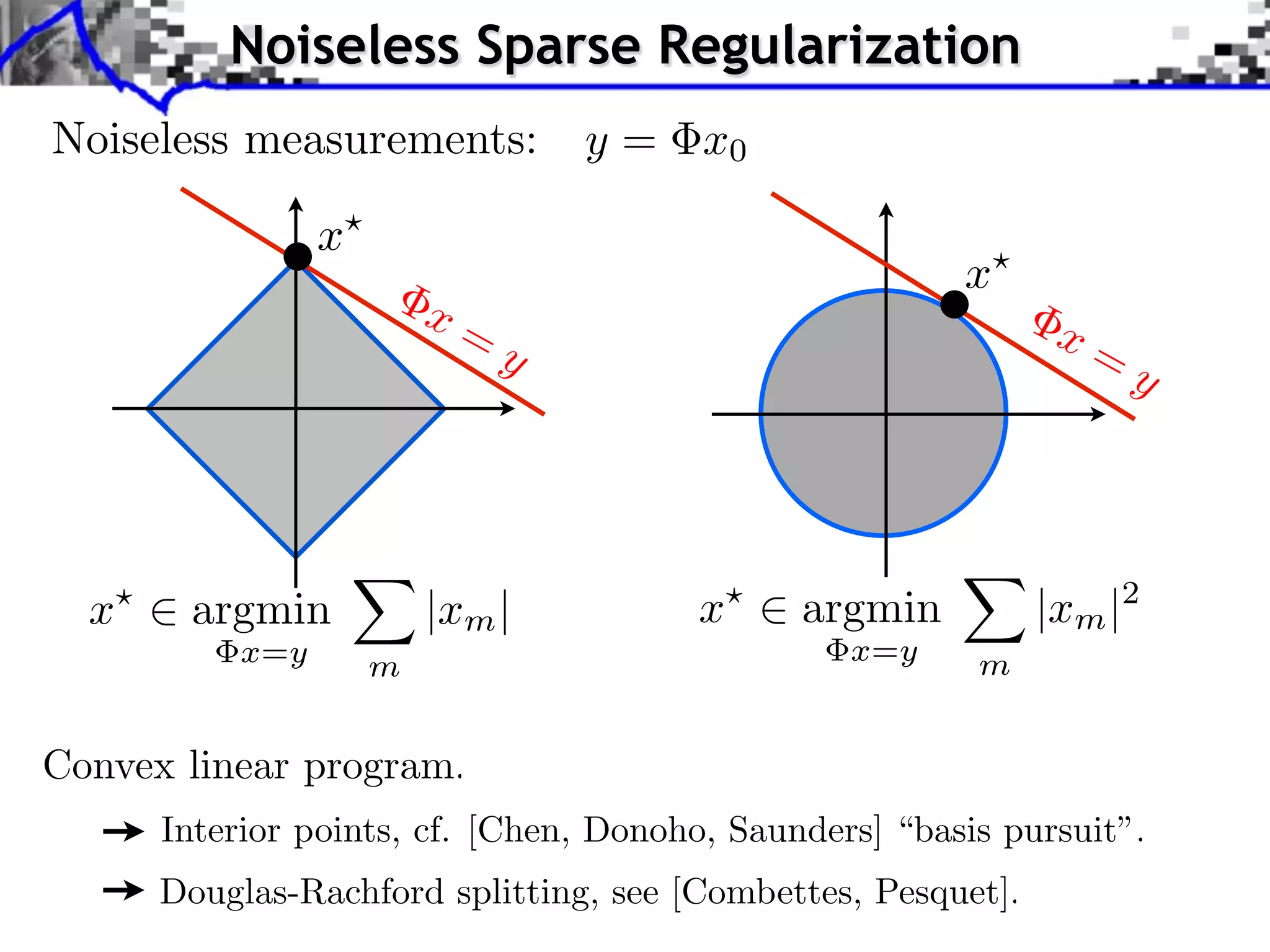 Noiseless Sparse Regularization
Noiseless measurements:          y = x0

                x
                                                        x
                        x=                                     x=
                             y                                      y




  x    argmin           |xm |          x      argmin          |xm |2
          x=y       m                            x=y     m


Convex linear program.
      Interior points, cf. [Chen, Donoho, Saunders] “basis pursuit”.
      Douglas-Rachford splitting, see [Combettes, Pesquet].
 
