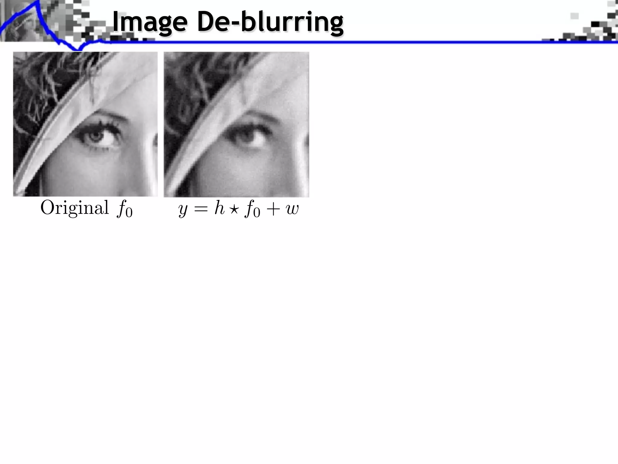 Image De-blurring




Original f0   y = h f0 + w
 