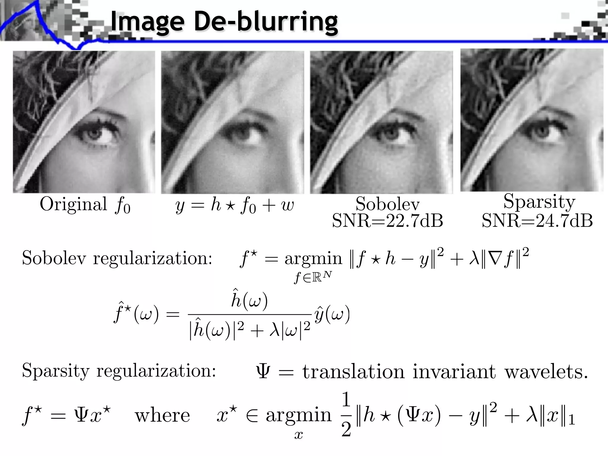 Image De-blurring




  Original f0      y = h f0 + w            Sobolev            Sparsity
                                         SNR=22.7dB        SNR=24.7dB
Sobolev regularization:       f = argmin ||f ⇥ h   y||2 + ||⇥f ||2
                                     f RN
                              ˆ
                              h(⇥)
            ˆ
            f (⇥) =                    y (⇥)
                                       ˆ
                       ˆ
                      |h(⇥)|2 + |⇥|2

Sparsity regularization:          = translation invariant wavelets.
                                        1
f =     x       where     x      argmin ||h ( x) y||2 + ||x||1
                                    x   2
 