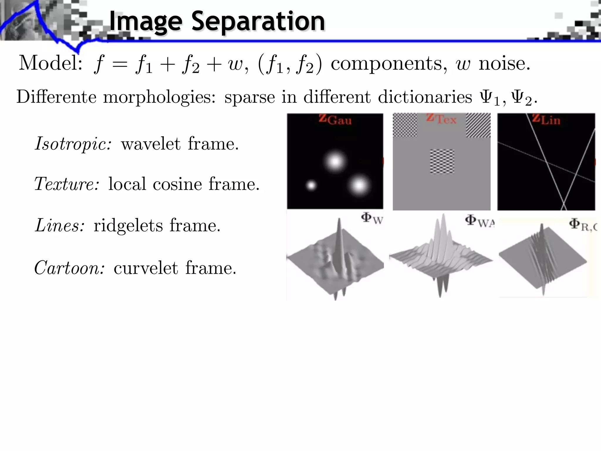 Image Separation
Model: f = f1 + f2 + w, (f1 , f2 ) components, w noise.
 