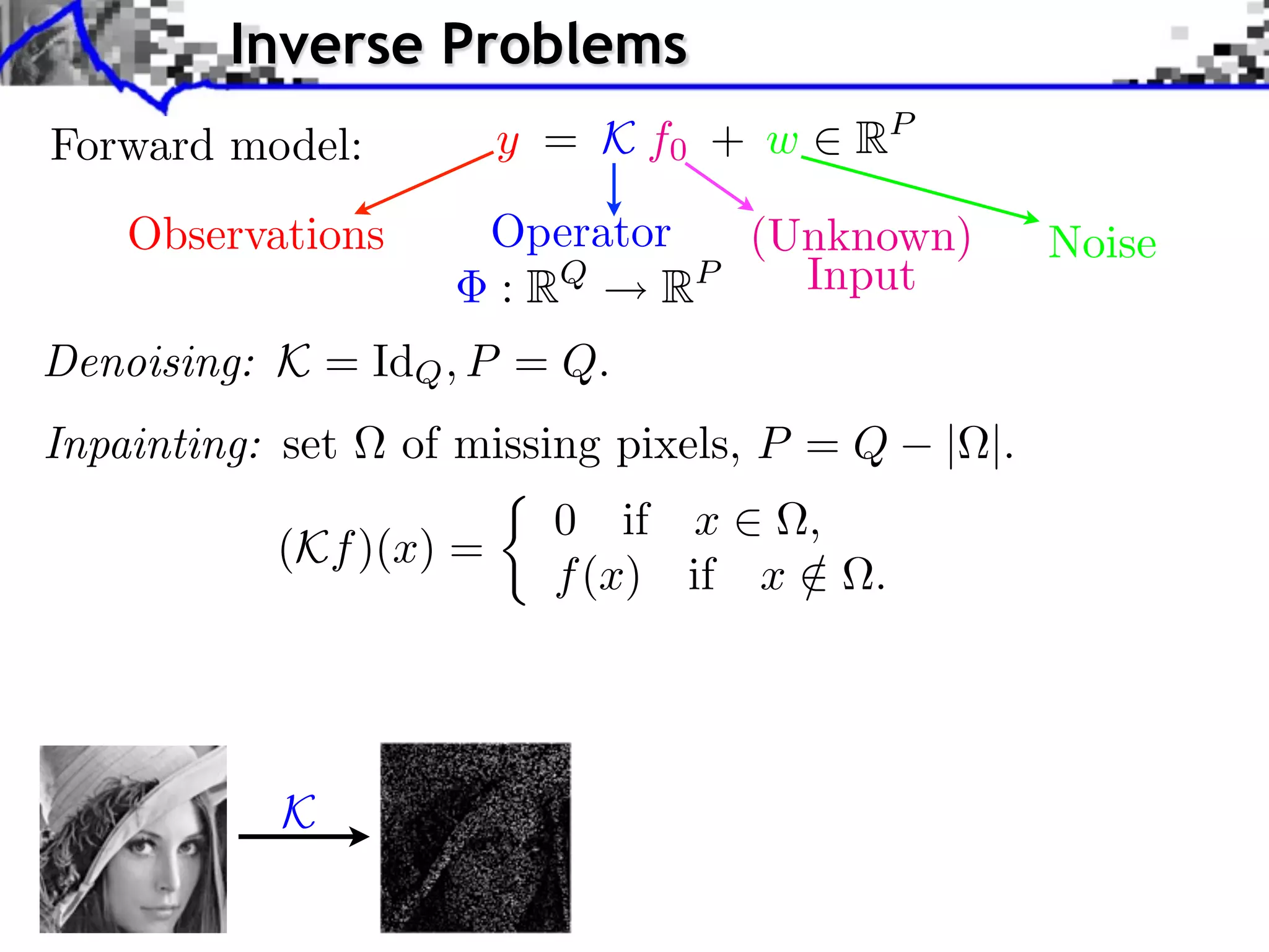 Inverse Problems
Forward model:          y = K f0 + w     RP

    Observations        Operator  (Unknown)          Noise
                        : RQ   RP   Input
Denoising: K = IdQ , P = Q.
Inpainting: set    of missing pixels, P = Q   | |.
                          0 if x     ,
           (Kf )(x) =
                          f (x) if x /    .




            K
 