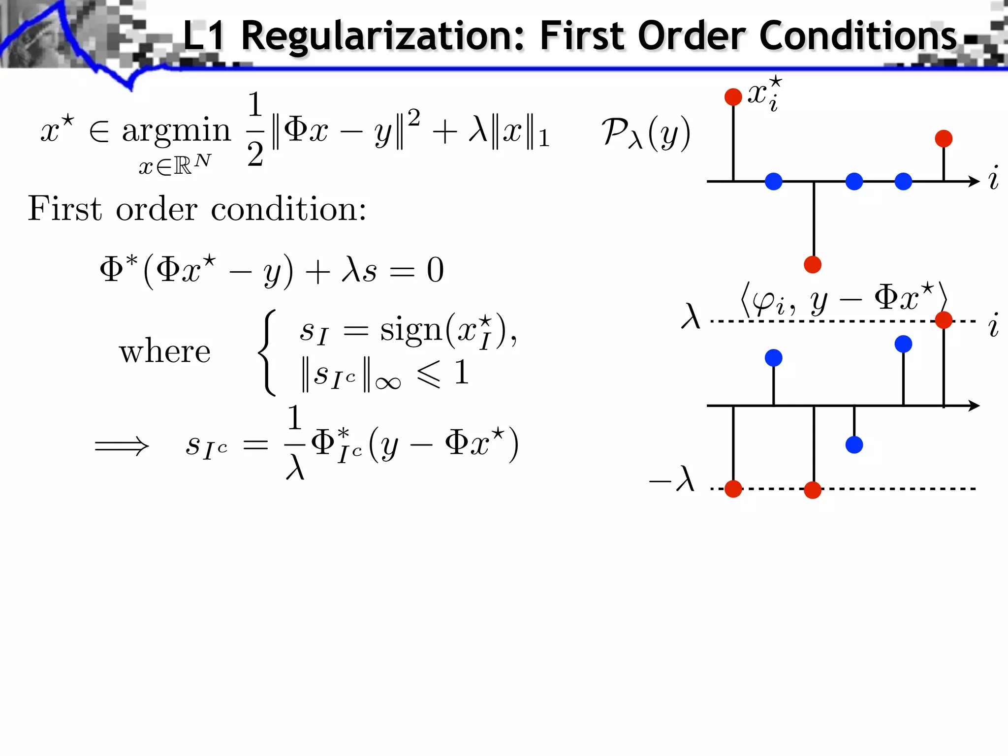 L1 Regularization: First Order Conditions
              1                           xi
 x    argmin || x y||2 + ||x||1   P (y)
       x RN 2
                                                        i
First order condition:
      ( x    y) + s = 0
                                           i,   y   x
               sI = sign(xI ),                          i
    where
               ||sI c ||  1
              1
   =   sI c =      I c (y  x )
 
