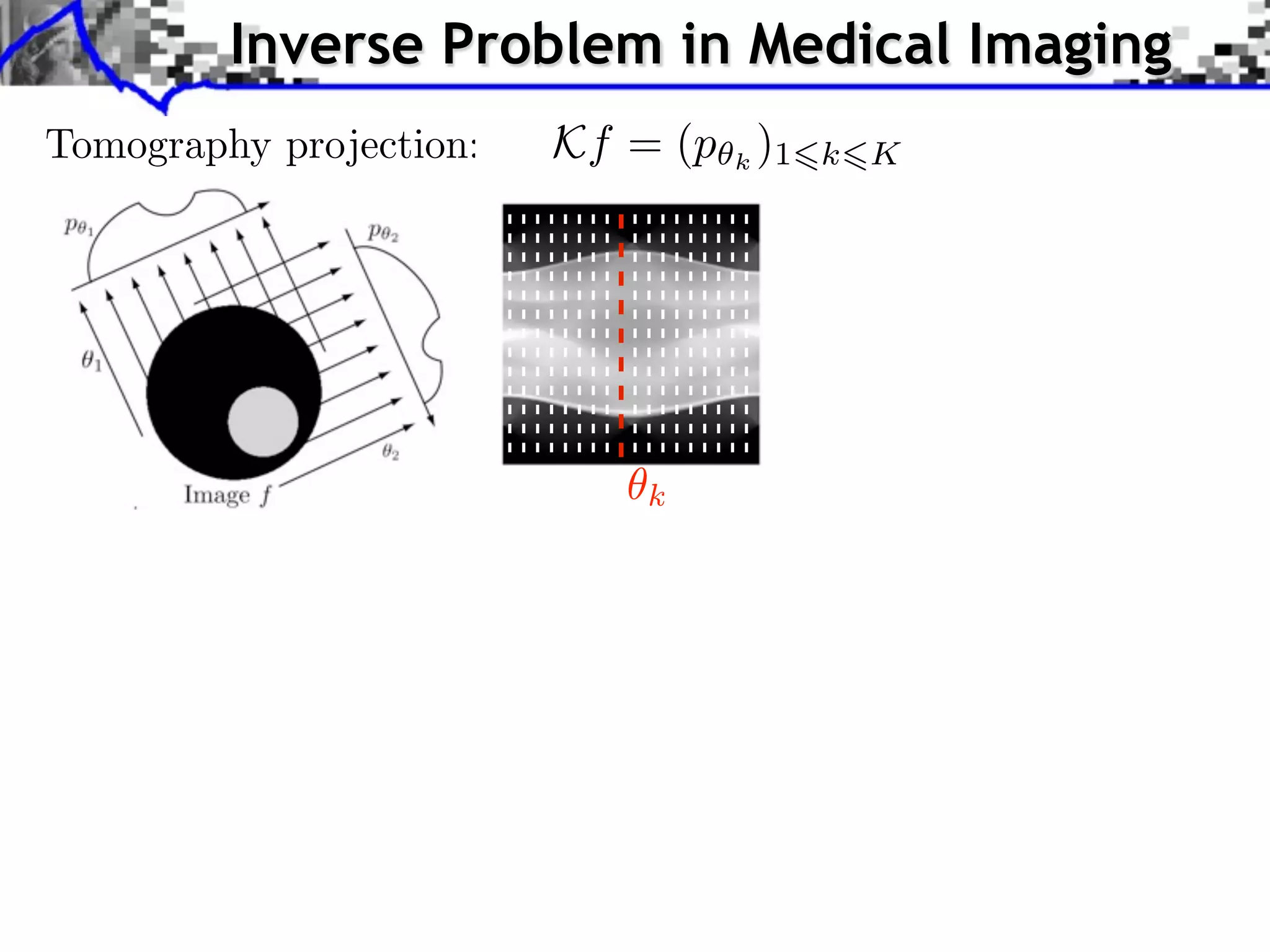 Inverse Problem in Medical Imaging
           Kf = (p k )1   k K
 