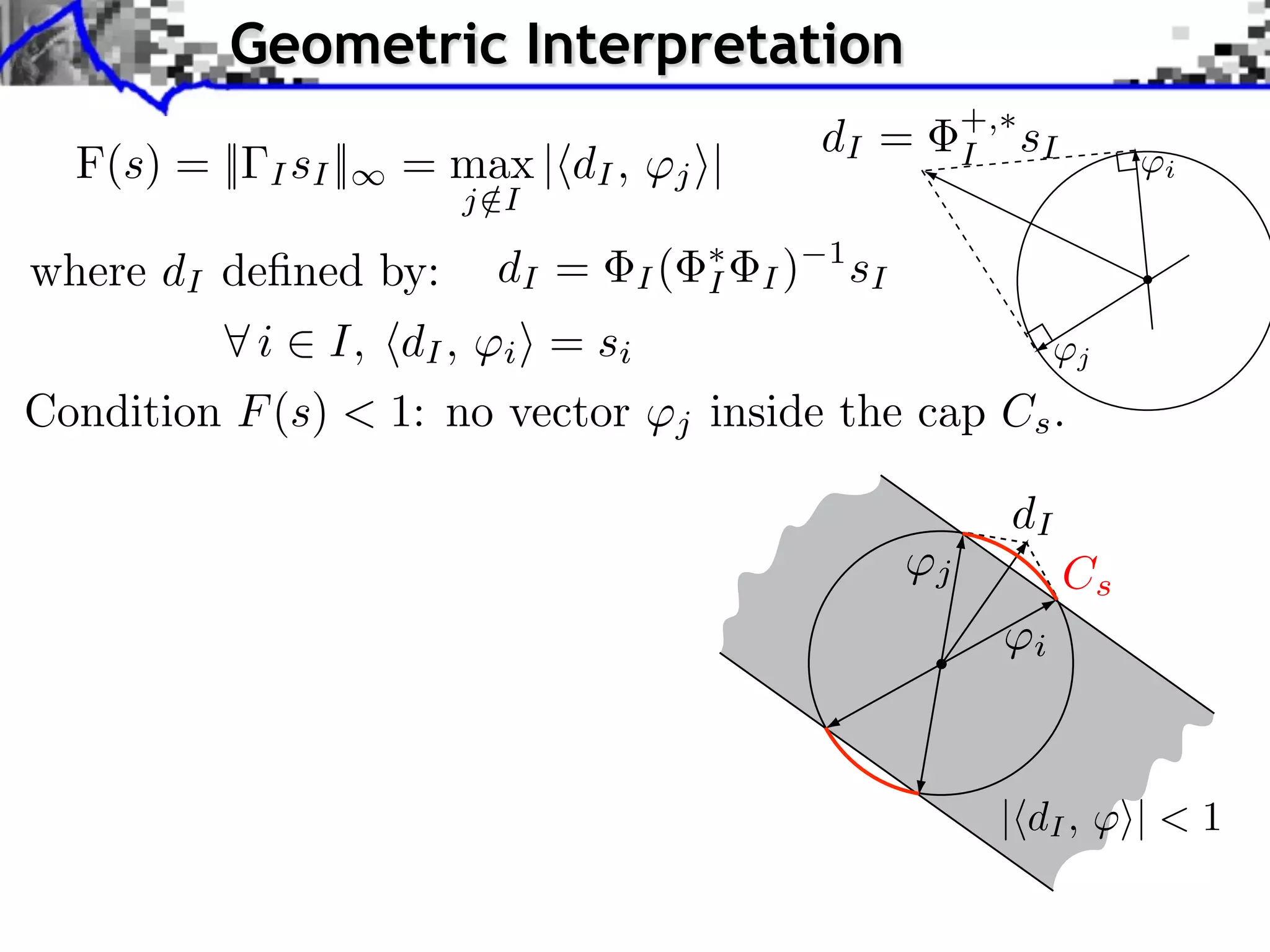 Geometric Interpretation
                                                                          +,
                                                             dI =               sI
  F(s) = ||   I sI ||   = max | dI ,            j   |                     I               i
                             j /I

where dI deﬁned by:            dI =        I(       I   I)
                                                             1
                                                                 sI
              i    I, dI ,     i    = si                                             j

Condition F (s) < 1: no vector                  j   inside the cap Cs .

                                                                               dI
                                                                      j              Cs
                                                                                i




                                                                               | dI , ⇥| < 1
 