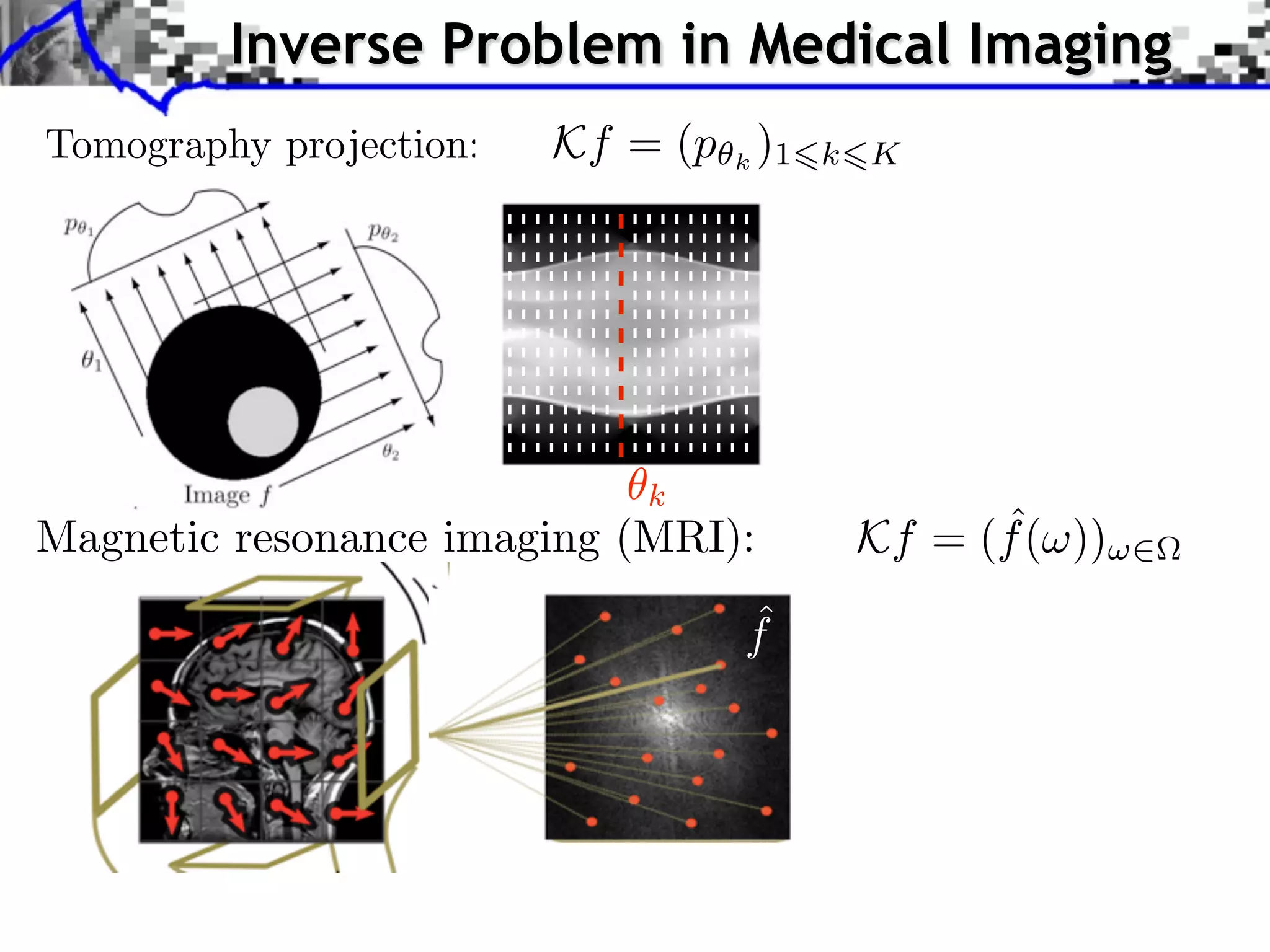 Inverse Problem in Medical Imaging
                       Kf = (p k )1   k K




Magnetic resonance imaging (MRI):            ˆ
                                       Kf = (f ( ))
                                ˆ
                                f
 