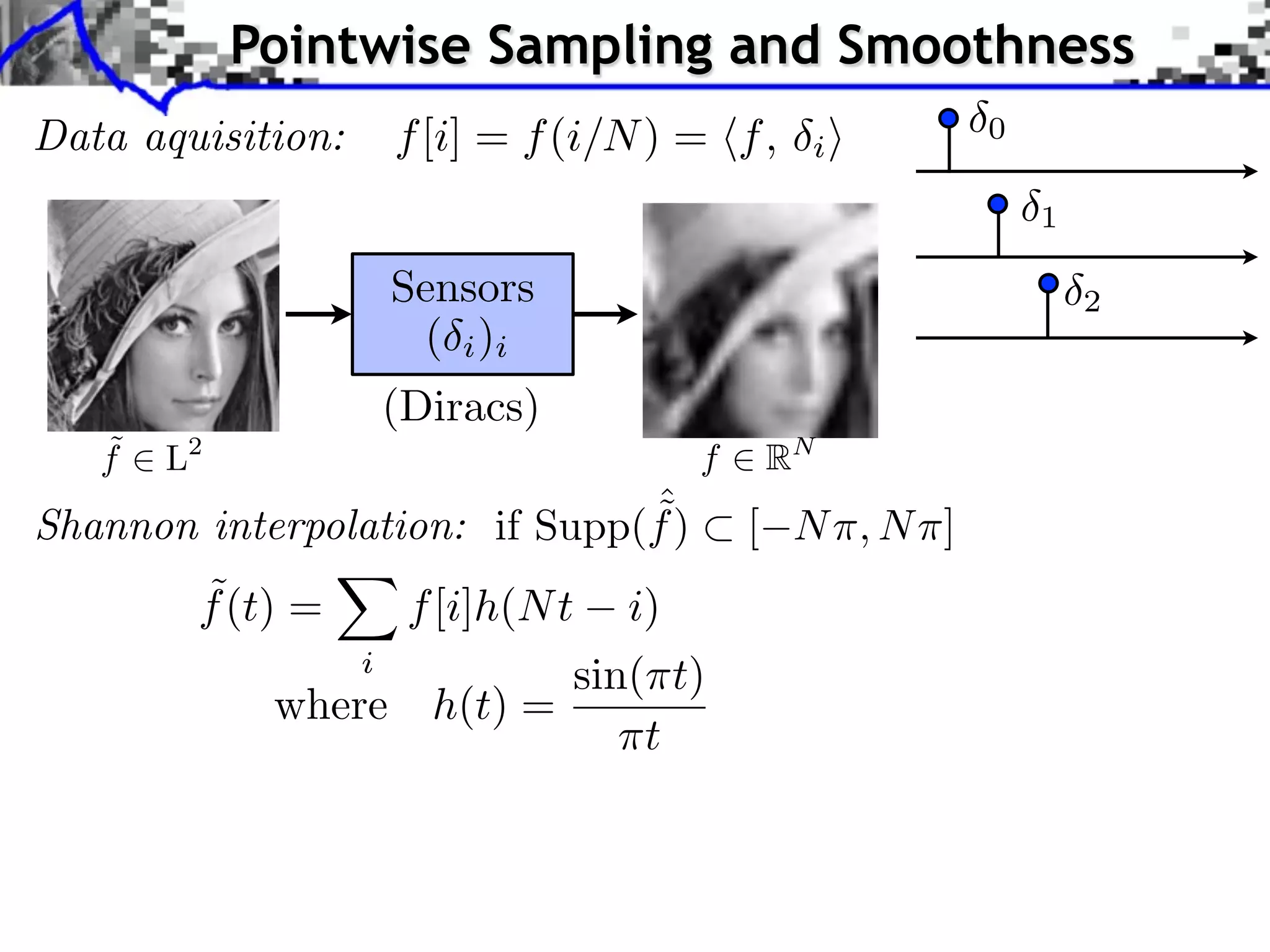 Pointwise Sampling and Smoothness
Data aquisition:               ˜          ˜
                       f [i] = f (i/N ) = f ,   i
                                                         0

                                                             1

                       Sensors                                   2
                        ( i )i
                       (Diracs)
   ˜
   f   L2                                 f   RN
                               ˆ
                               ˜
Shannon interpolation: if Supp(f )            [ N ,N ]
        ˜
        f (t) =         f [i]h(N t   i)
                   i
                                sin( t)
             where       h(t) =
                                    t
 