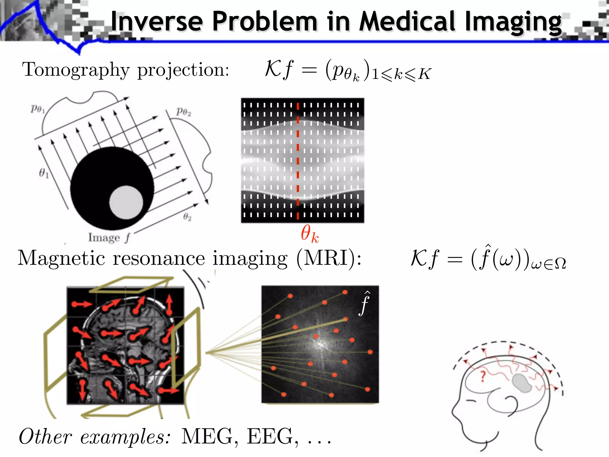 Inverse Problem in Medical Imaging
                        Kf = (p k )1   k K




Magnetic resonance imaging (MRI):             ˆ
                                        Kf = (f ( ))
                                  ˆ
                                  f




Other examples: MEG, EEG, . . .
 
