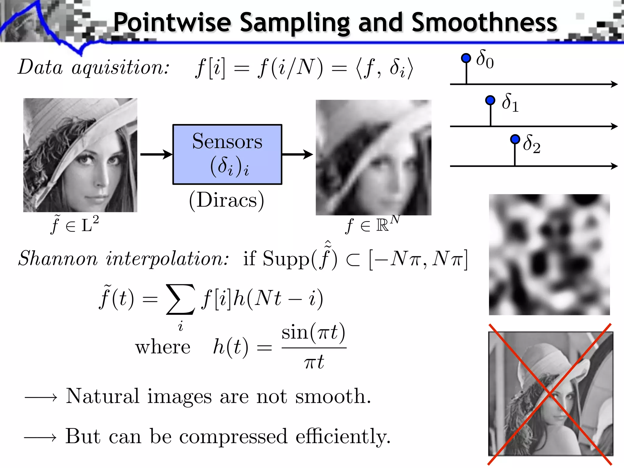 Pointwise Sampling and Smoothness
Data aquisition:                ˜          ˜
                        f [i] = f (i/N ) = f ,   i
                                                          0

                                                              1

                        Sensors                                   2
                         ( i )i
                        (Diracs)
   ˜
   f    L2                                 f   RN
                               ˆ
                               ˜
Shannon interpolation: if Supp(f )             [ N ,N ]
          ˜
          f (t) =        f [i]h(N t   i)
                    i
                                 sin( t)
              where       h(t) =
                                     t
       Natural images are not smooth.
       But can be compressed e ciently.
 