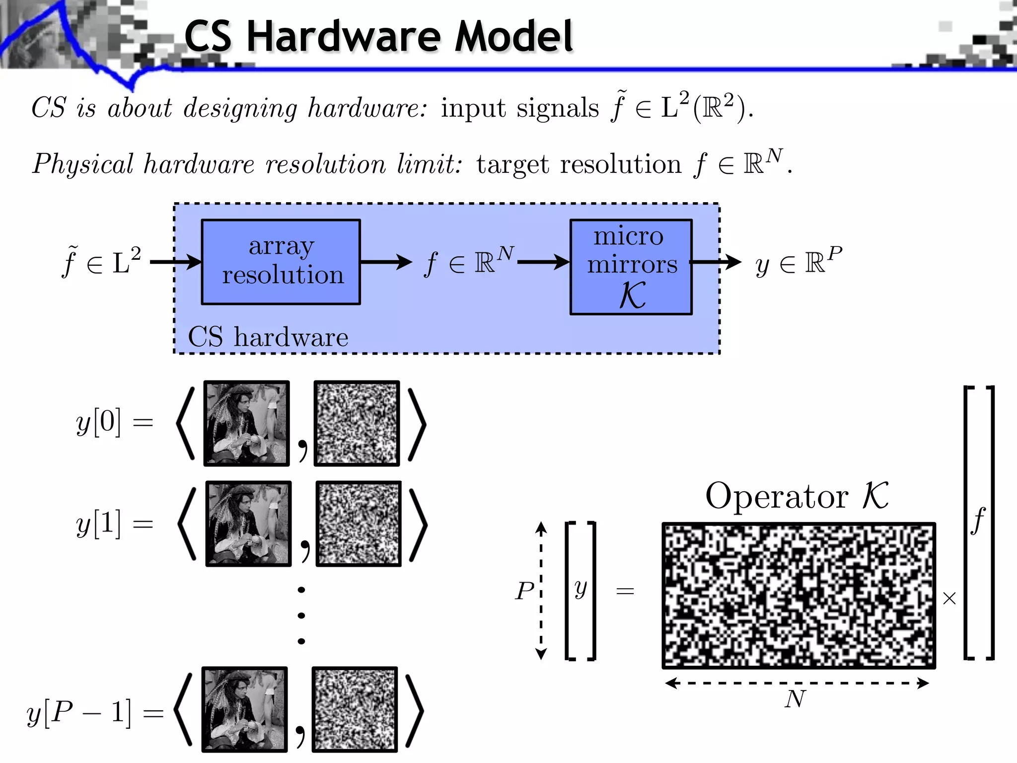 CS Hardware Model
                                              ˜
CS is about designing hardware: input signals f    L2 (R2 ).
Physical hardware resolution limit: target resolution f   RN .

                 array                       micro
  ˜
  f   L 2
                               f    R   N
                                             mirrors           y   RP
               resolution
                                               K
            CS hardware


                     ,
                                                       Operator K
                     ,                                                  f
                ...




                     ,
 