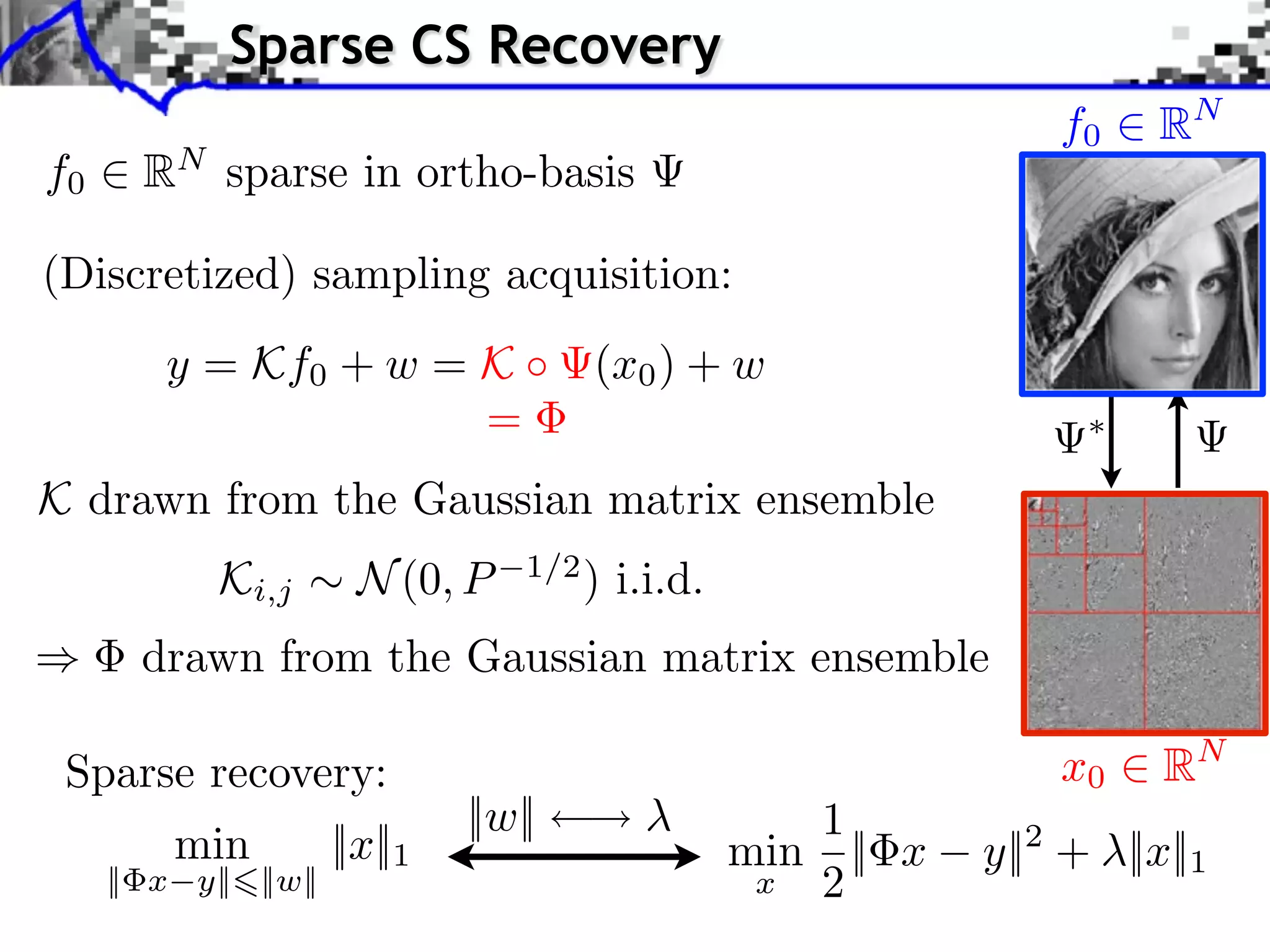 Sparse CS Recovery
                                                                   f0    RN
f0     RN sparse in ortho-basis

(Discretized) sampling acquisition:
        y = Kf0 + w = K                  (x0 ) + w
                      =
K drawn from the Gaussian matrix ensemble
            Ki,j       N (0, P     1/2
                                         ) i.i.d.
       drawn from the Gaussian matrix ensemble

 Sparse recovery:                                                  x0    RN
                               ||w||                   1
         min          ||x||1                        min || x   y||2 + ||x||1
     || x y|| ||w||                                  x 2
 
