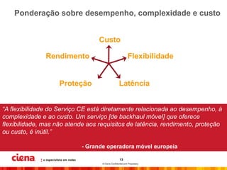 Ponderação sobre desempenho, complexidade e custo


                                  Custo

               Rendimento                                   Flexibilidade


                    Proteção                       Latência


“A flexibilidade do Serviço CE está diretamente relacionada ao desempenho, à
complexidade e ao custo. Um serviço [de backhaul móvel] que oferece
flexibilidade, mas não atende aos requisitos de latência, rendimento, proteção
ou custo, é inútil.”

                            - Grande operadora móvel europeia

                                                    13
                                   © Ciena Confidential and Proprietary
 