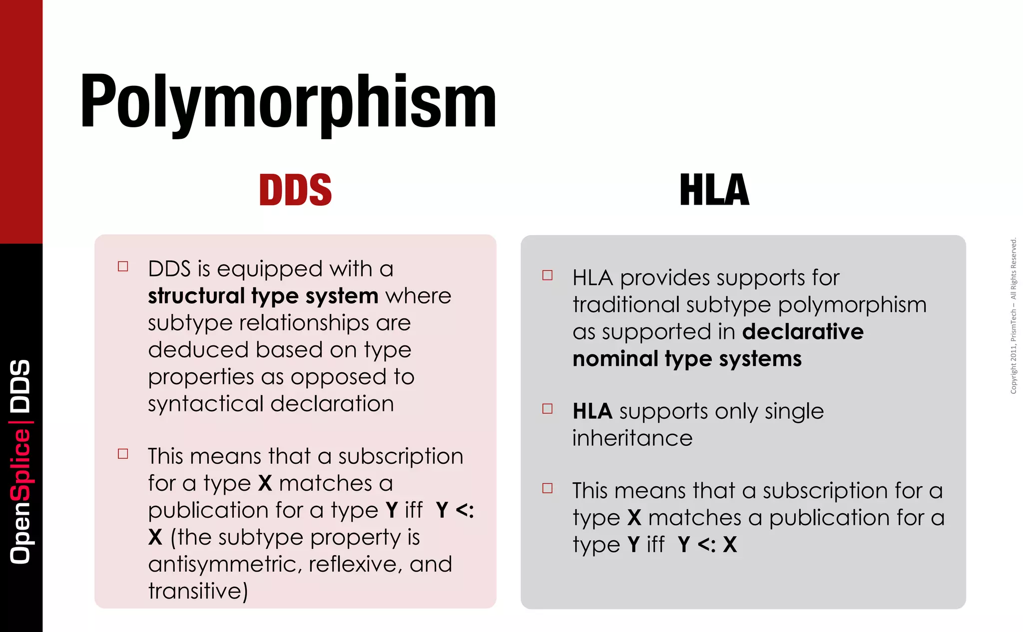Polymorphism
                                 DDS                                    HLA




                                                                                                     Copyright	
  2011,	
  PrismTech	
  –	
  	
  All	
  Rights	
  Reserved.
                  ☐   DDS is equipped with a              ☐   HLA provides supports for
                      structural type system where            traditional subtype polymorphism
                      subtype relationships are               as supported in declarative
                      deduced based on type                   nominal type systems
OpenSplice DDS




                      properties as opposed to
                      syntactical declaration             ☐   HLA supports only single
                                                              inheritance
                  ☐   This means that a subscription
                      for a type X matches a              ☐   This means that a subscription for a
                      publication for a type Y iff Y <:       type X matches a publication for a
                      X (the subtype property is              type Y iff Y <: X
                      antisymmetric, reflexive, and
                      transitive)
 