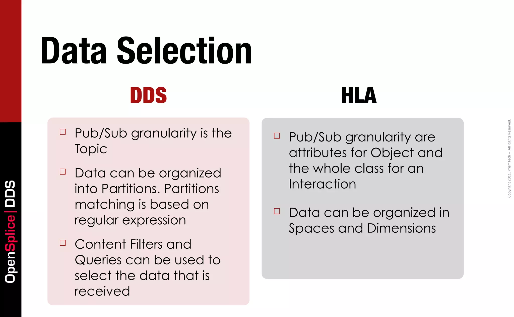 Data Selection
                                DDS                             HLA




                                                                                    Copyright	
  2011,	
  PrismTech	
  –	
  	
  All	
  Rights	
  Reserved.
                  ☐   Pub/Sub granularity is the    ☐   Pub/Sub granularity are
                      Topic                             attributes for Object and
                  ☐   Data can be organized             the whole class for an
                                                        Interaction
OpenSplice DDS




                      into Partitions. Partitions
                      matching is based on          ☐   Data can be organized in
                      regular expression
                                                        Spaces and Dimensions
                  ☐   Content Filters and
                      Queries can be used to
                      select the data that is
                      received
 